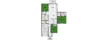 A floor plan of a house with three bedrooms and a garage.