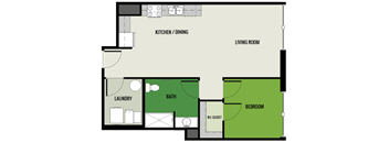 A floor plan of a small apartment with a laundry room, kitchen/dining area, living room, and bedroom.