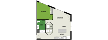 A floor plan of a house showing a bedroom, living room, kitchen, dining area, bathroom, and laundry.