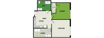 A floor plan of a house with a living room, dining kitchen, laundry, bath, and bedroom.