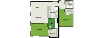 A floor plan of a house with a laundry room and two bedrooms.