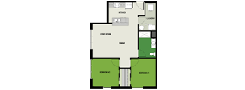 A floor plan of a house with two bedrooms, a living room, a dining area, a kitchen, and a laundry room.
