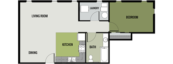 A floor plan of a small apartment with a living room, dining area, kitchen, bathroom, and bedroom.