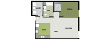 A floor plan of a small apartment with a laundry room, bedroom, living room, kitchen, and dining area.