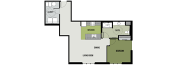 A floor plan of a house with a laundry room, kitchen, dining room, living room, and bathroom.