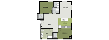 A floor plan of a house with two bedrooms, a living room, a dining area, a kitchen, a laundry room, and a bathroom.