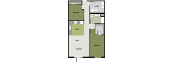 A floor plan of a two bedroom apartment with a living room, dining area and kitchen.