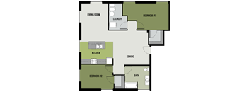 A floor plan of a house with a living room, two bedrooms, a kitchen, a dining area, and a bathroom.