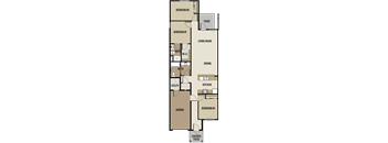 A floor plan of a house with three bedrooms, a living room, a dining area, a kitchen, a utility room, a garage, and a covered patio.
