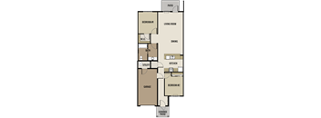 A floor plan of a house with a living room, dining room, kitchen, two bedrooms, a garage, and a covered patio.