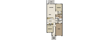 A floor plan of a house with a living room, dining room, kitchen, two bedrooms, a garage, a utility room, and a covered patio.