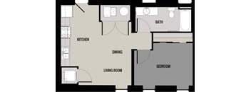A floor plan of a house with a kitchen, living room, dining room, bedroom and bathroom.