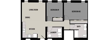 A floor plan of a small apartment with a living room, dining area, kitchen, laundry room, and two bedrooms.