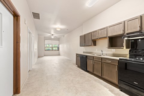 A kitchen with black appliances and wooden cabinets.