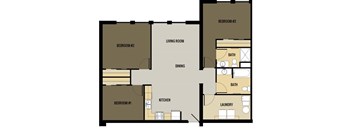 A floor plan of a house with three bedrooms, a living room, a kitchen, a dining area, a bathroom, and a laundry room.