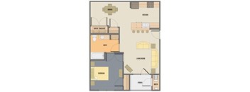 A floor plan of a house with a kitchen, living room, and bedroom.