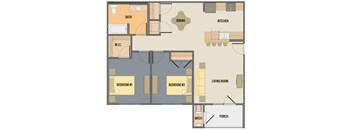 A floor plan of a house with two bedrooms, a living room, a kitchen, a dining room, a bathroom, a porch, and a workshop.
