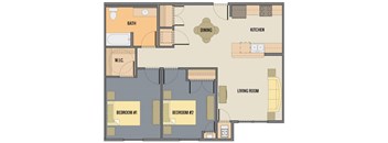A floor plan of a house showing a living room, two bedrooms, a kitchen, a dining area, a bathroom, and a workspace.