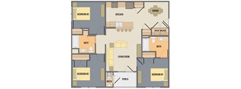 A floor plan of a house with three bedrooms, a living room, a kitchen, a dining area, a porch, and a mech.