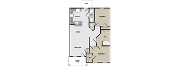 A floor plan of a house with a living room, dining room, kitchen, two bedrooms, a bath, a patio, and a covered porch.