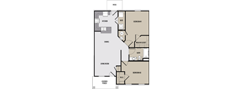 A floor plan of a house with a living room, dining room, kitchen, two bedrooms, a bathroom, and a covered porch.
