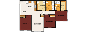 A floor plan of a house with three bedrooms, a living room, a dining area, a kitchen, a laundry room, and two bathrooms.