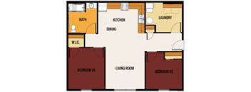 A floor plan of a small apartment with two bedrooms, a living room, a kitchen, a dining area, a bathroom, and a laundry room.