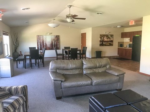 A living room with a grey couch and a ceiling fan.
