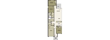 A floor plan of a house with three bedrooms, a garage, a living room, a dining room, a kitchen, a bathroom, a utility room, and a covered porch.