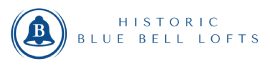 A logo with a bell and the words "Historic Blue Bell Lofts" written in blue.
