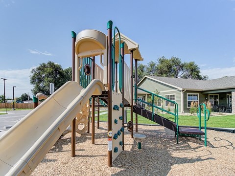 A playground with a slide and a climbing structure.