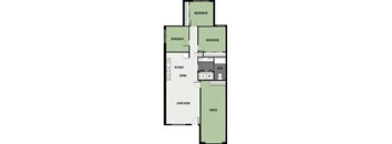A floor plan of a house with three bedrooms, a garage, a living room, a dining area, a kitchen, and a bathroom.