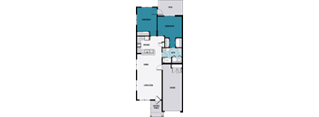 A floor plan of a house with two bedrooms, a living room, a kitchen, a bath, a dining area, a garage, and a covered porch.