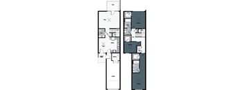 A floor plan of an apartment with a living room, kitchen, dining room, and two bedrooms.