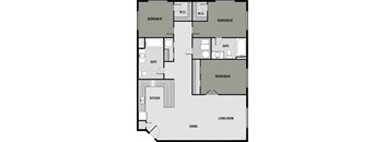 A floor plan of a home with three bedrooms, a living room, a dining area, a kitchen, and two bathrooms.