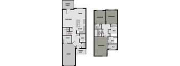 A floor plan of a house with a garage and three bedrooms.