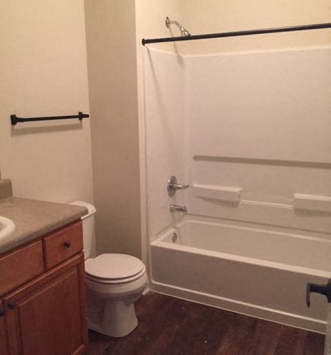 a bathroom with a toilet and a tub and a sink