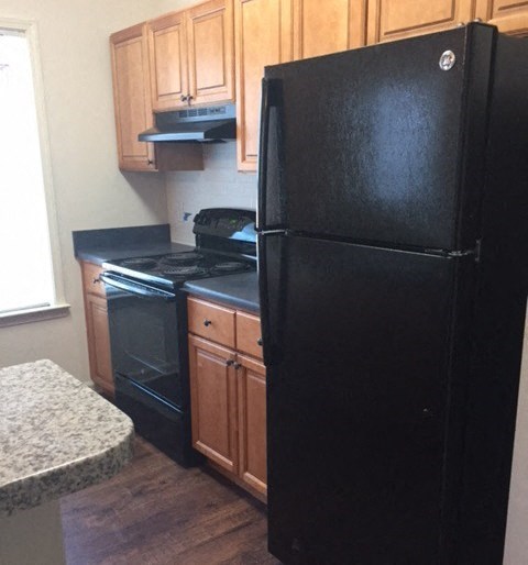 a kitchen with a black refrigerator and a stove