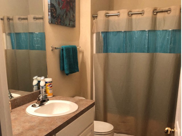 a bathroom with a sink and a shower and a toilet