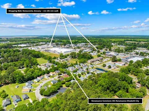 An aerial view of a residential area with a shopping mall and grocery store nearby.