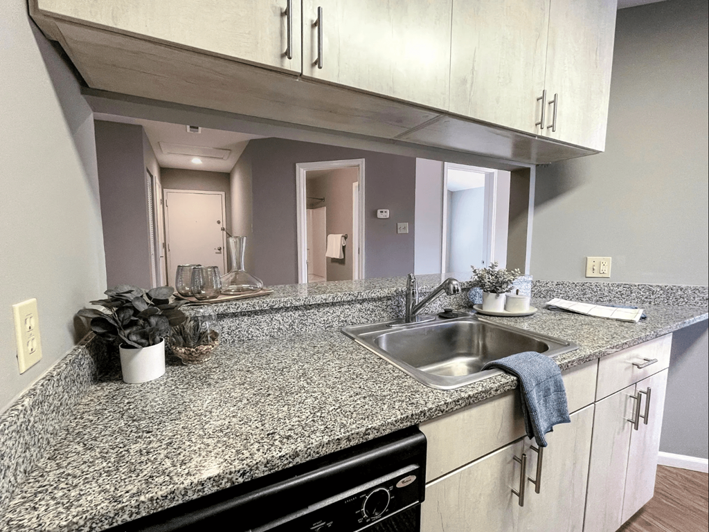 a kitchen with granite counter tops and a sink