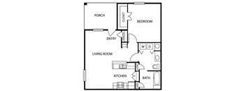 A black and white floor plan of a house with a porch, living room, kitchen, bedroom, and bathroom.