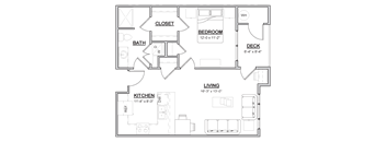 A floor plan of a house with a kitchen, living room, bedroom, bathroom, and closet.