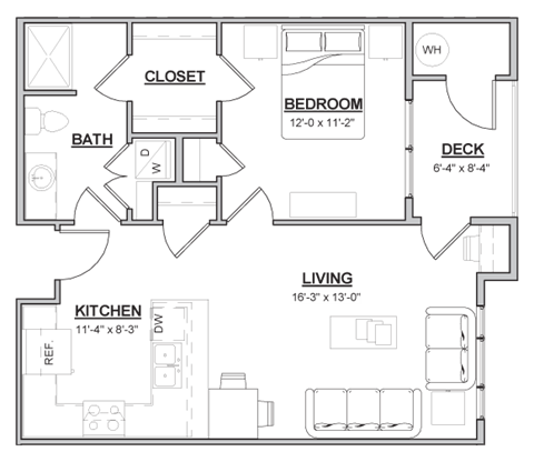 A floor plan of a house with a kitchen, living room, bedroom, bathroom, and closet.