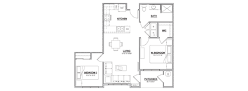 A floor plan of a house with labeled rooms such as kitchen, living room, and bathroom.