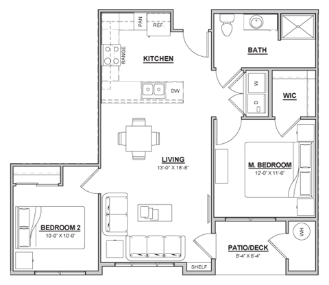 A floor plan of a house with labeled rooms such as kitchen, living room, and bathroom.