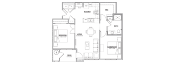 A floor plan of a house with labeled rooms such as Bedroom 2, Living room, Kitchen, Bath, and Dining room.
