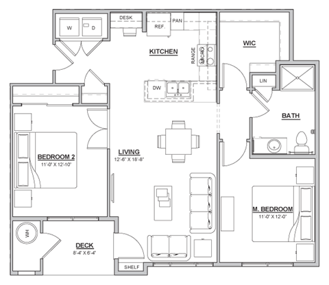 A floor plan of a house with labeled rooms such as Bedroom 2, Living room, Kitchen, Bath, and Dining room.
