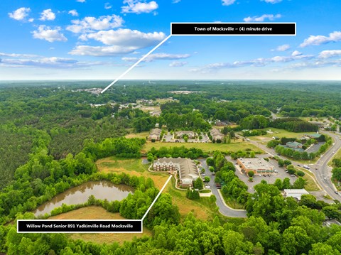 A bird's eye view of a town with Willow Pond Seniors 813 Yadkinville Road Mocksville highlighted.