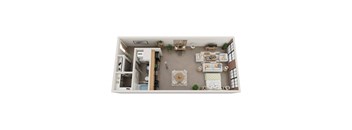 A top-down view of a living room with a couch, coffee table, and kitchen area.
